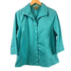 Gold Label Investments No Iron Teal Button Up Blouse Womens 12 Large Business